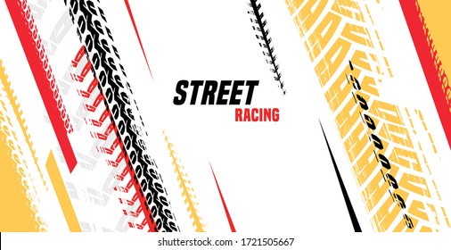 Vector automotive banners template. Grunge tire tracks backgrounds for landscape poster, digital banner, flyer, booklet, brochure and web design. Editable graphic image in black, white, red colors