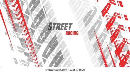 Vector automotive banners template. Grunge tire tracks backgrounds for landscape poster, digital banner, flyer, booklet, brochure and web design. Editable graphic image in grey, white, red colors