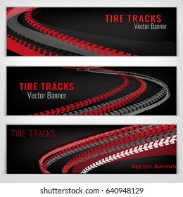 Vector automotive banners template. Grunge tire tracks backgrounds for landscape poster, digital banner, flyer, booklet, brochure and web design. Editable graphic image in grey and white colors