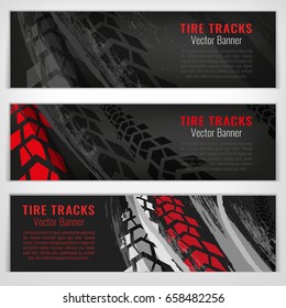 Vector automotive banners template. Grunge tire tracks backgrounds for landscape poster, digital banner, flyer, booklet, brochure and web design. Editable graphic image in grey and white colors