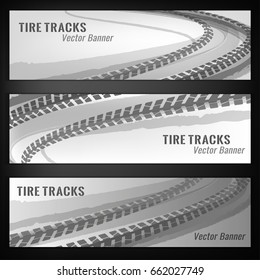 Vector automotive banners template. Grunge tire tracks backgrounds for landscape poster, digital banner, flyer, booklet, brochure and web design. Editable graphic image in grey and white colors