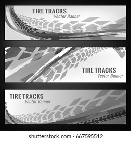 Vector automotive banners template. Grunge tire tracks backgrounds for landscape poster, digital banner, flyer, booklet, brochure and web design. Editable graphic image in grey and white colors