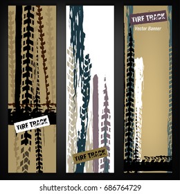 Vector automotive banners template. Grunge tire tracks backgrounds for landscape poster, digital banner, flyer, booklet, brochure and web design. Editable graphic image in terrain colors