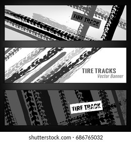 Vector automotive banners template. Grunge tire tracks backgrounds for landscape poster, digital banner, flyer, booklet, brochure and web design. Editable graphic image in grey and white colors