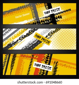 Vector automotive banners template. Grunge tire tracks background for landscape poster, digital banner, flyer, booklet, brochure and web design. Editable graphic image in yellow, grey and white colors