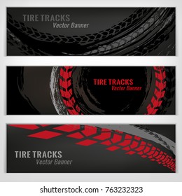 Vector automotive banners template. Grunge tire tracks backgrounds for landscape poster, digital banner, flyer, booklet, brochure and web design. Editable graphic image in grey and red colors