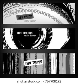 Vector automotive banners template. Grunge tire tracks backgrounds for landscape poster, digital banner, flyer, booklet, brochure and web design. Editable graphic image in grey and white colors