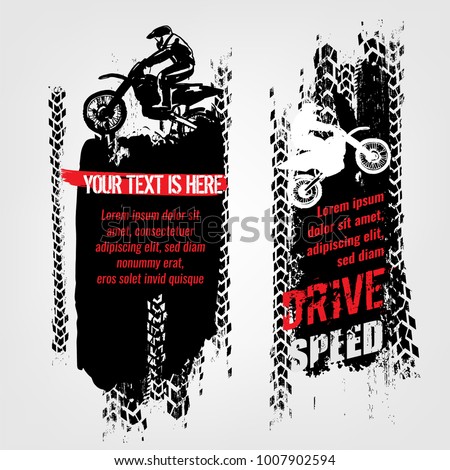 Vector automotive banners template. Grunge tire tracks backgrounds for landscape poster, digital banner, flyer, booklet, brochure and web design. Editable graphic image in grey and white colors