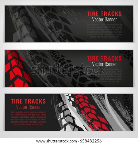 Vector automotive banners template. Grunge tire tracks backgrounds for landscape poster, digital banner, flyer, booklet, brochure and web design. Editable graphic image in grey and white colors