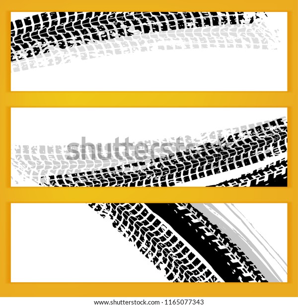Vector automotive banners template. Grunge tire
tracks backgrounds for horizontal poster, digital banner, flyer,
booklet, brochure and web design. Editable graphic image in black
and white colors