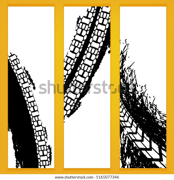 Vector automotive banners template. Grunge tire\
tracks backgrounds for vertical poster, digital banner, flyer,\
booklet, brochure and web design. Editable graphic image in black\
and white colors
