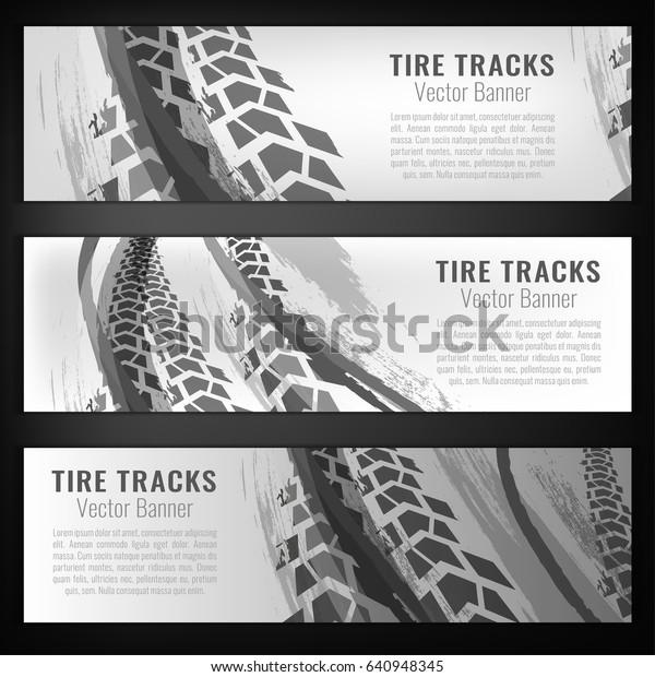 Vector automotive banners template. Grunge tire\
tracks backgrounds for landscape poster, digital banner, flyer,\
booklet, brochure and web design. Editable graphic image in grey\
and white colors