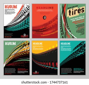 Vector automotive banners templates set. Grunge tire tracks backgrounds for portrait poster, digital banner, flyer, booklet, brochure and web design. Editable graphic image. Transportation concept