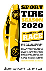 Vector automotive brochure cover template. Modern sport tire concept for vertical poster, digital banner, flyer, booklet, banner and web design. Editable graphic image in yellow, black colors