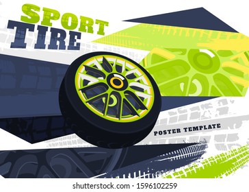 Vector automotive brochure cover template. Grunge tire tracks backgrounds for landscape poster, digital banner, flyer, booklet, banner, web design. Editable graphic image in black, green, grey colors