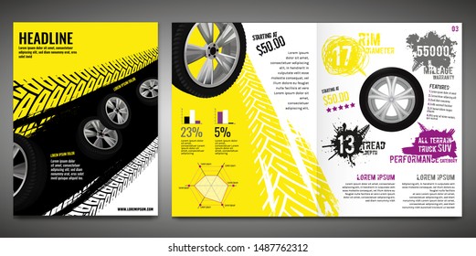 Vector automotive brochure template. Grunge tire tracks backgrounds for portrait poster, leaflet, flyer, booklet, and prospect design. Editable graphic image in black, yellow, white colors