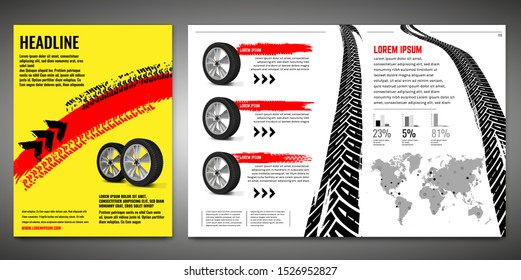 Vector automotive brochure template. Grunge tire tracks backgrounds for portrait poster, digital banner, flyer, booklet, banner and web design. Editable graphic image in black, yellow, red colors