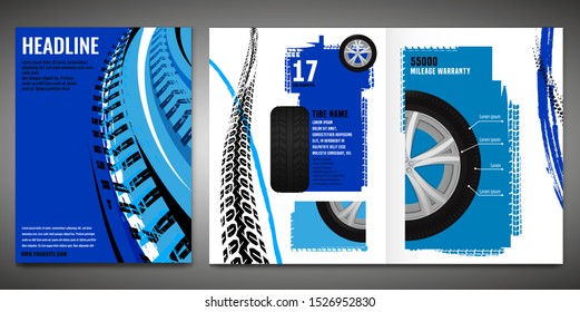Vector automotive brochure template. Grunge tire tracks backgrounds for portrait poster, digital banner, flyer, booklet, banner and web design. Editable graphic image in black, blue, white colors