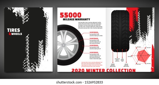 Vector automotive brochure template. Grunge tire tracks backgrounds for portrait poster, digital banner, flyer, booklet, banner and web design. Editable graphic image in black, grey, red colors