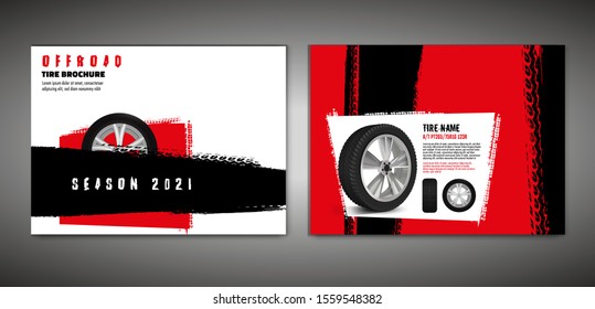 Vector automotive brochure template. Grunge tire tracks backgrounds for landscape poster, digital banner, flyer, booklet, banner and web design. Editable graphic image in black, red, white colors