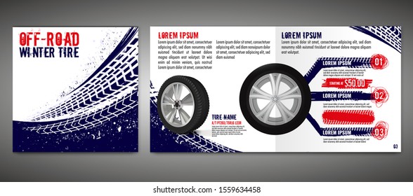 Vector automotive brochure template. Grunge tire tracks backgrounds for landscape poster, digital banner, flyer, booklet, banner and web design. Editable graphic image in blue, red, white colors