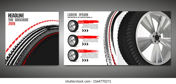 Vector automotive brochure template. Grunge tire tracks backgrounds for landscape poster, digital banner, flyer, booklet, banner and web design. Editable graphic image in black, red, grey colors