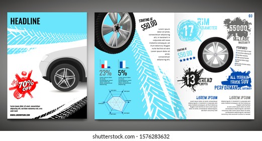 Vector automotive brochure template. Grunge tire tracks backgrounds for portrait poster, leaflet, flyer, booklet, and prospect design. Editable graphic image in black, blue, white colors