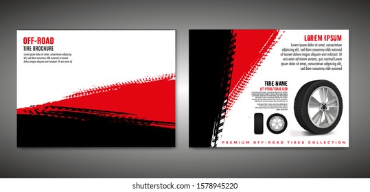 Vector automotive brochure template. Grunge tire tracks backgrounds for landscape poster, digital banner, flyer, booklet, banner and web design. Editable graphic image in black, red, white colors