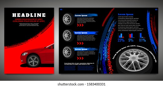 Vector automotive brochure template. Grunge tire tracks backgrounds for portrait poster, digital banner, flyer, booklet, banner and web design. Editable graphic image in black, blue, red colors