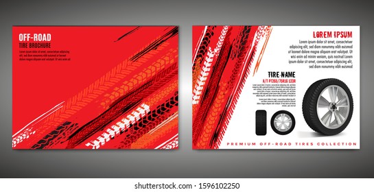Vector automotive brochure template. Grunge tire tracks backgrounds for landscape poster, digital banner, flyer, booklet, banner and web design. Editable graphic image in black, red, white colors