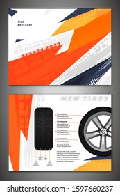 Vector automotive brochure template. Grunge tire tracks background Editable graphic image in black, orange, grey colors