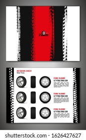 Vector automotive brochure template. Grunge tire tracks backgrounds for landscape poster, digital banner, flyer, booklet, banner and web design. Editable graphic image in black, red, white colors