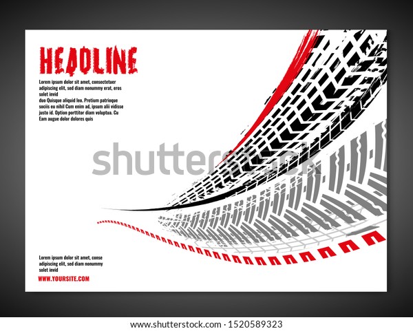 Vector automotive brochure template. Grunge tire\
tracks backgrounds for landscape poster, digital banner, flyer,\
booklet, banner and web design. Editable graphic image in black,\
grey, red colors