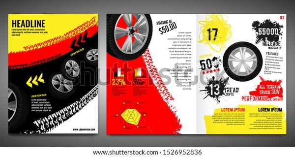 Vector automotive brochure template. Grunge tire\
tracks backgrounds for portrait poster, digital banner, flyer,\
booklet, banner and web design. Editable graphic image in black,\
yellow, red colors