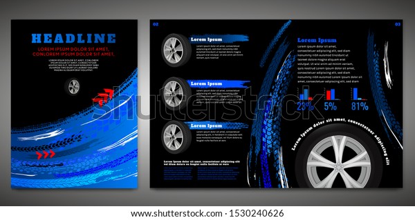 Vector automotive brochure template. Grunge tire\
tracks backgrounds for portrait poster, digital banner, flyer,\
booklet, banner and web design. Editable graphic image in black,\
blue, white colors