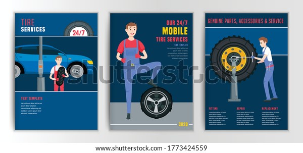 Vector automotive\
brochure template. Mobile tire service backgrounds for portrait\
poster, digital banner,  corporate design. Editable graphic image\
in flat cartoon style