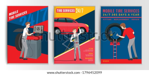 Vector automotive brochure template. Mobile tire\
service backgrounds for portrait poster, digital banner, flyer,\
booklet, leaflet, web, corporate design. Editable graphic image in\
flat cartoon style
