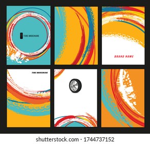 Vector automotive brochure templates set. Grunge tire tracks backgrounds for portrait poster, digital banner, flyer, booklet, leaflet, web design. Editable graphic image in modern edgy colorful style