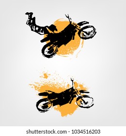 Vector automotive illustration. Grunge splash element with hand drawn motorcycle for poster, digital banner, logotype, leaflet and web design. Editable graphic image in black and yellow colors.