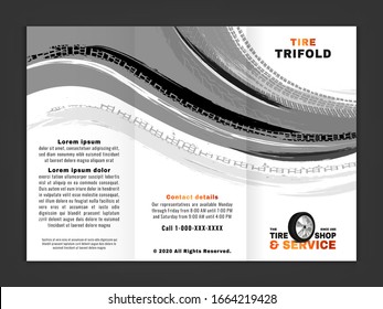 Vector automotive leaflet template. Grunge tire tracks background for horizontal poster, tri-fold flyer, booklet, brochure, promo design. Editable isolated graphic image in black, white, grey colors
