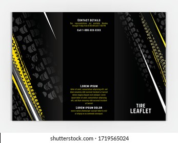 Vector automotive leaflet template. Grunge tire tracks background for horizontal poster, tri-fold flyer, booklet, brochure, promo design. Editable isolated graphic image in black, grey, yellow colors