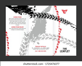 Vector automotive leaflet template. Grunge tire tracks background for horizontal poster, tri-fold flyer, booklet, brochure, promo design. Editable isolated graphic image in black, white, red colors