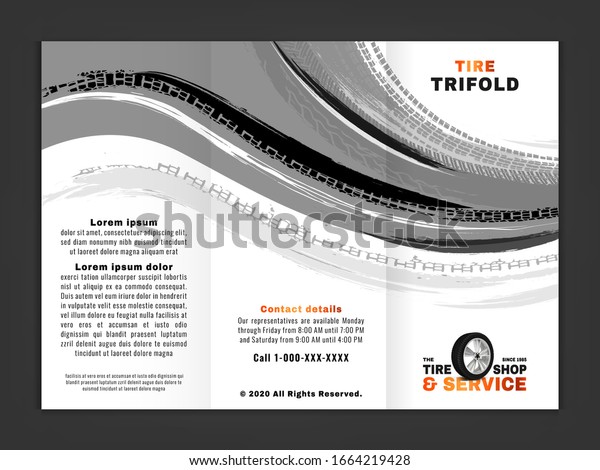 Vector automotive leaflet template. Grunge tire\
tracks background for horizontal poster, tri-fold flyer, booklet,\
brochure, promo design. Editable isolated graphic image in black,\
white, grey colors
