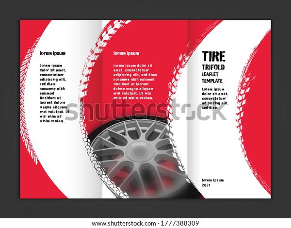 Vector automotive leaflet template. Grunge tire\
tracks background for horizontal poster, tri-fold flyer, booklet,\
brochure, promo design. Editable isolated graphic image in black,\
white, red colors