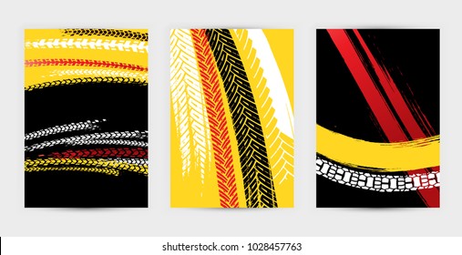 Vector automotive posters template. Grunge tire tracks backgrounds for landscape poster, digital banner, flyer, booklet, brochure and web design. Editable graphic image in black, yellow, white colors