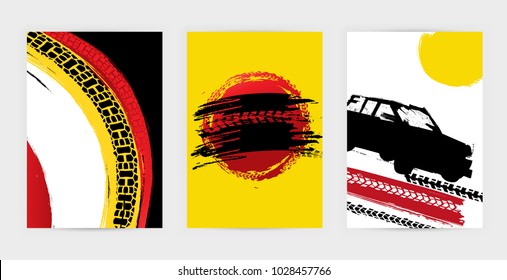 Vector automotive posters template. Grunge tire tracks backgrounds for landscape poster, digital banner, flyer, booklet, brochure and web design. Editable graphic image in black, yellow, white colors