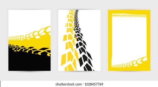 Vector automotive posters template. Grunge tire tracks backgrounds for landscape poster, digital banner, flyer, booklet, brochure and web design. Editable graphic image in black, yellow, white colors