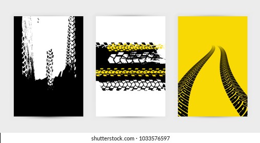 Vector automotive posters template. Grunge tire tracks backgrounds for landscape poster, digital banner, flyer, booklet, brochure and web design. Editable graphic image in black, yellow, white colors