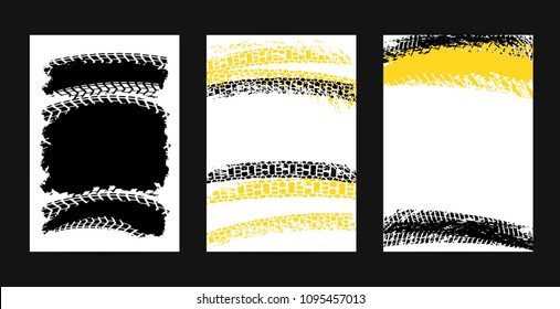 Vector automotive posters template. Grunge tire tracks backgrounds for portrait poster, digital banner, flyer, booklet, brochure and web design. Editable graphic image in black, yellow, white colors