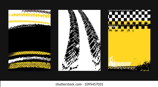 Vector automotive posters template. Grunge tire tracks backgrounds for portrait poster, digital banner, flyer, booklet, brochure and web design. Editable graphic image in black, yellow, white colors